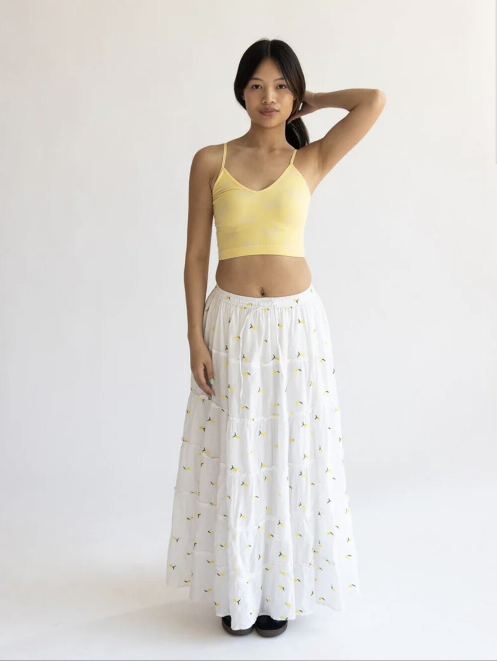 White Tiered Maxi Skirt with Yellow Lemon Print All Over Boho Festival Summer M